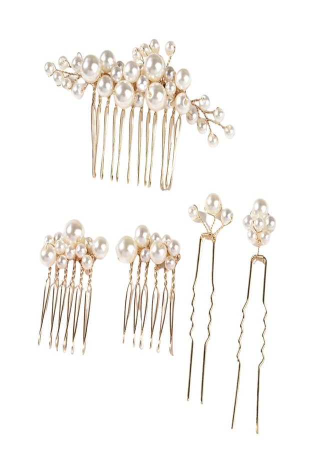 كويبي 5 قطع من دبابيس الشعر اللؤلؤية، أمشاط جانبية للشعر على شكل حرف U، مجموعة أمشاط شعر، إكسسوارات شعر للنساء والفتيات والعرائس ووصيفات الشرف (ذهبي) - Image 1